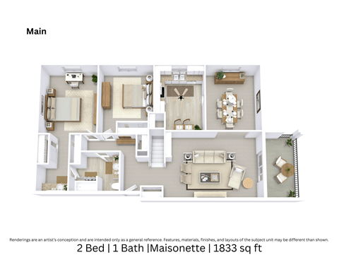 A 3D floor plan showing an angled view of a two-bedroom, one-bath Maisonette with furniture placement and room flow across 1,833 Sq. Ft.